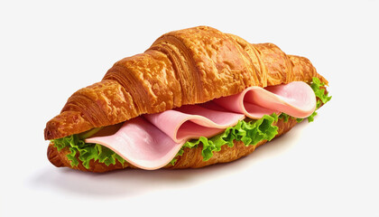 A single, perfectly baked croissant sandwich filled with savory ham and crisp lettuce, set against a clean white background, highlighting its simple elegance.