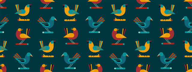 Seamless pattern with cute birds sitting on branches. Hand drawn autumn background with leaves, branches. Retro pattern with geometric birds, vector illustration