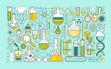 Science laboratory, school chemistry background with abstract geometric background. Medical, chemical or biology lab, school education concept with dna molecule, tubes and flasks, vector illustration