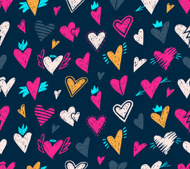 Seamless pattern with crayon hearts, angel wings and crown. Doodles elements for romantic designs, graffiti art, Valentine Day cards with chalk texture. Love background with hearts, vector illustratio