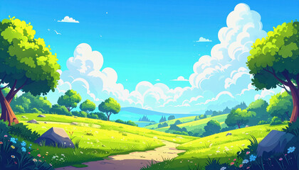 A vibrant, stylized landscape illustration of rolling green hills under a bright blue sky with fluffy white clouds, featuring a winding path and scattered wildflowers.