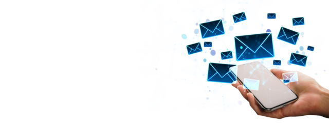 Hand holding smartphone with glowing email icons flying out, in a digital style on white background, symbolizing online communication concept