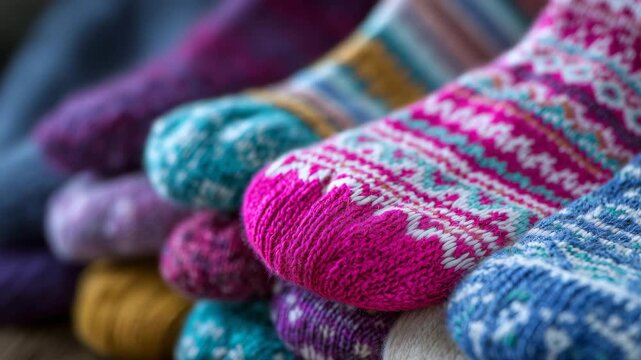 Close-up of colorful socks forming abstract textile background, realistic fibers and soft knit texture, bright commercial lighting for product advertising