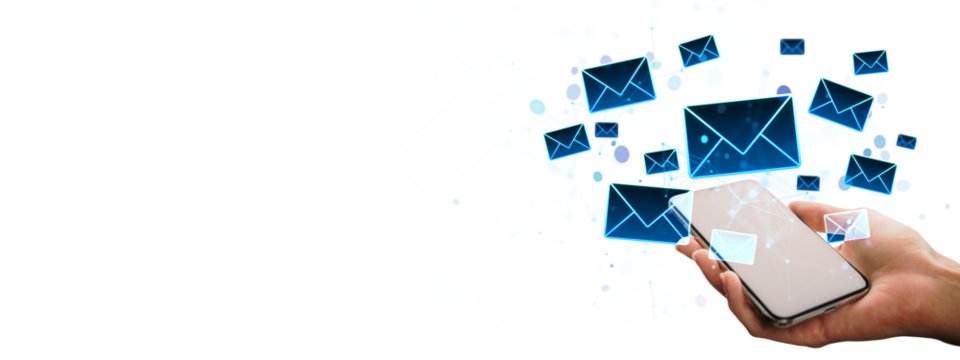 Hand holding smartphone with glowing email icons flying out, in a digital style on white background, symbolizing online communication concept - Powered by Adobe