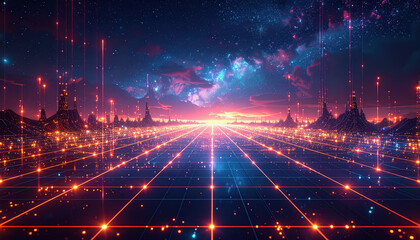 Obraz premium Futuristic Digital Cityscape with Glowing Grid, Fiery Sunset, and Cosmic Sky, Abstract Sci-Fi Horizon
