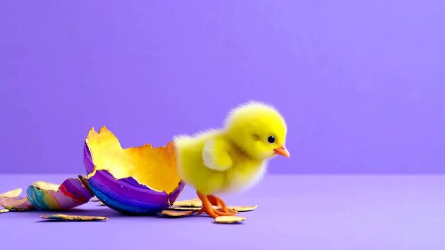 niedliches kleines K&uuml;ken h&uuml;pft aus einem bunten Osterei - Video - lila Hintergrund mit Platz f&uuml;r eigenen Text
