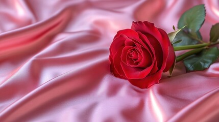 red rose on a pink satin fabric background, close-up, valentine's day concept. soft lighting, high-resolution photography, insanely detailed and intricate, romantic atmosphere.