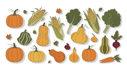 Autumn harvest vegetables and fruits arrangement