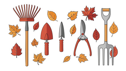 Gardening tools and autumn leaves on white background for fall yard work