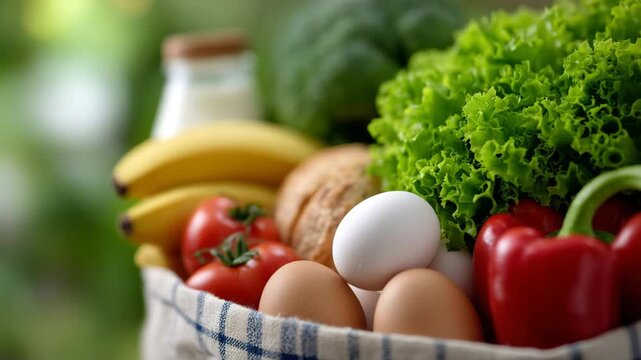 Close-up of grocery bag filled with vibrant produce and dairy, lettuce leaves catching light, bananas curved naturally, bell peppers glossy, bread, eggs, and milk arranged neatly,