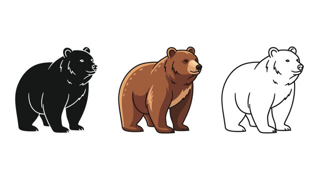 Set of three bear illustrations in black silhouette, colored, and outline styles