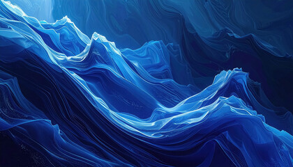 Abstract digital art depicting flowing, translucent blue waves or mountain-like forms with glowing highlights and deep shadows, creating a sense of depth.