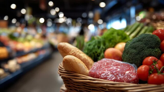 Close-up of grocery basket loaded with meat, fruit, vegetables, and bread, basket positioned in supermarket aisle, background softly blurred, lifestyle and nutrition visual