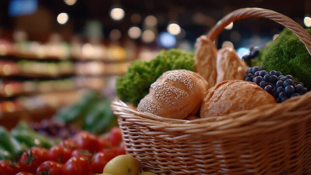 Close-up of grocery basket filled with assorted food, meat, vegetables, fruit, and bread arranged naturally, shallow depth of field, supermarket shelves fading into background