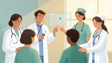A group of diverse medical professionals, including doctors and nurses, consulting with two patients while looking at a holographic medical display.