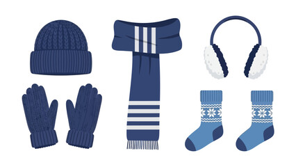 Winter clothing accessories arranged on a white background