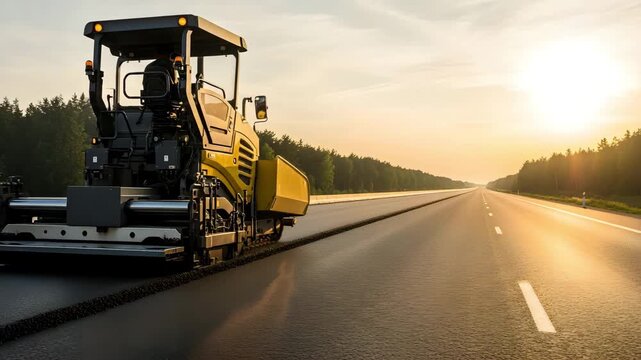 Asphalt paver machine working on new road construction at sunset time