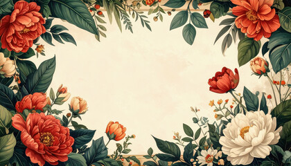 Decorative floral border with a variety of colorful flowers including red, yellow, and blue, along with green leaves and berries, against a textured cream background.