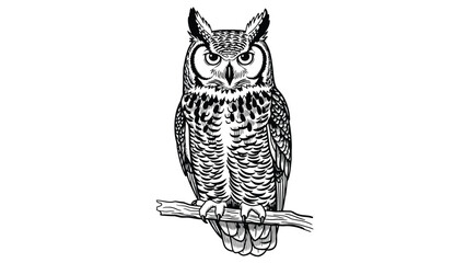 Obraz premium Detailed black and white line drawing of a great horned owl perched on a branch