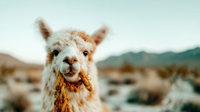 A fluffy llama stands in a serene desert environment, its expressive face holding a rope, showcasing nature's beauty and the charm of wildlife amidst a picturesque background. - Powered by Adobe