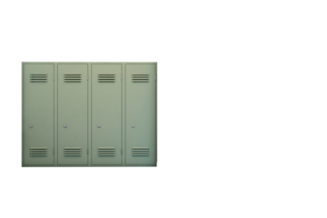 Green metal lockers with vents and locks standing side by side, minimalistic 3D Rendering on a white background, concept of organization and storage