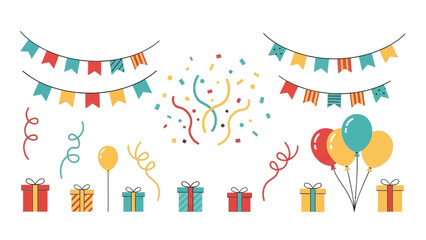 Colorful birthday celebration elements with gifts balloons and streamers on white background