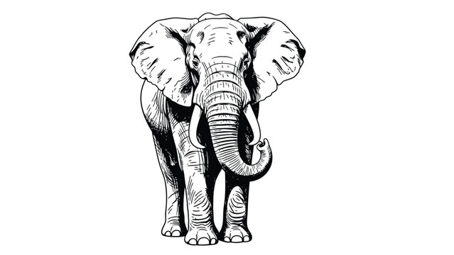 A detailed and majestic monochrome sketch of an elephant facing forward with large ears and tusks