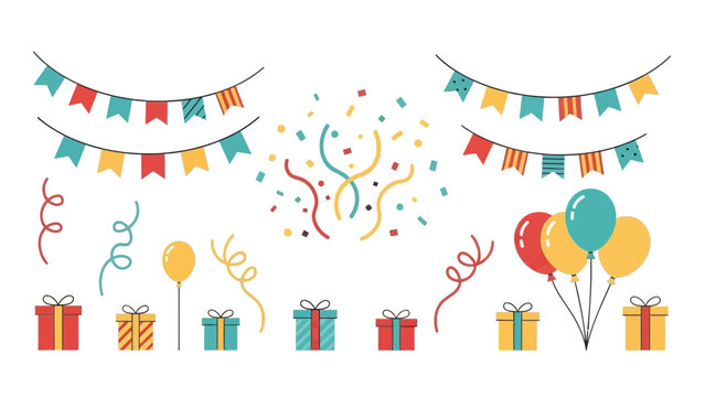 Colorful birthday celebration elements with gifts balloons and streamers on white background