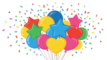 Colorful balloons and confetti celebrating a joyful party atmosphere with stars