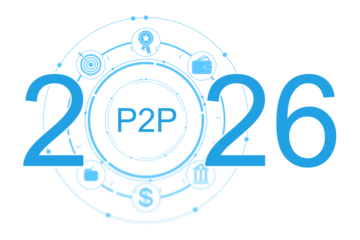 Blue P2P fintech 2026 concept with finance icons in circular digital layout on white backdrop. 3D Rendering of abstract financial technology