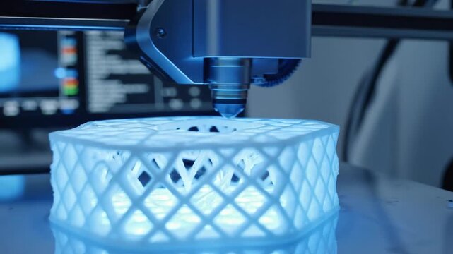 3D printer nozzle creating white lattice object. Additive manufacturing prototyping, modern digital technology for design experiment.