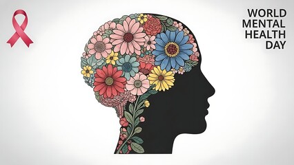 A colorful illustration of a human head with flowers for World Mental Health Day