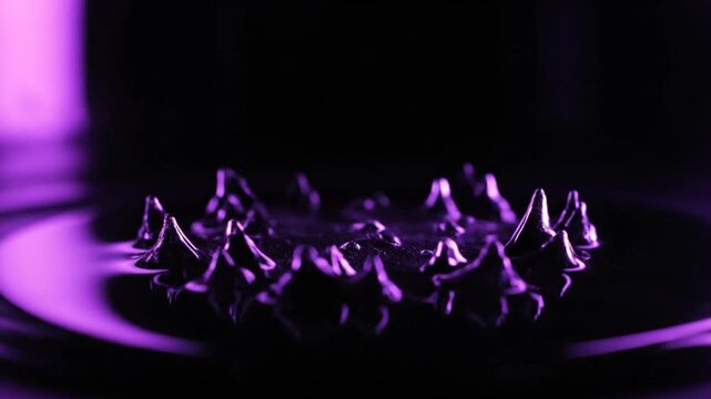 Under intense purple light, a magnetic field causes black ferrofluid to transform into a crown of dramatic, metallic spikes. The mesmerizing peaks surge upwards, linger briefly, and then rapidly rece