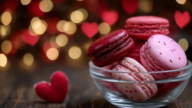 Close-up of red and pink macarons stacked in heart shape, romantic dessert detail for Valentine&rsquo;s Day