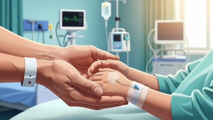 A compassionate adult hand gently holding a patient's hand with an IV in a hospital room, symbolizing care and support during illness.