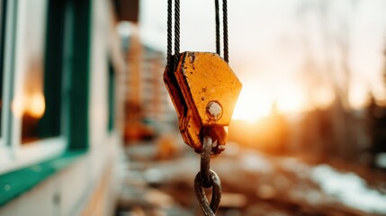 An industrial pulley hangs against a stunning sunset, highlighting the contrast between machinery and the natural beauty of the fading light, symbolizing work and progress.