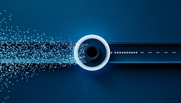 Abstract 3D Data Filtering Gateway Transforming Noisy Stream into Clean Structured Output on Blue Background