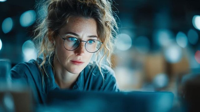 Focused Young Female Analyst Examining Shipping Data in Smart Warehouse