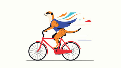 Obraz premium Fast meerkat wearing a blue cape and riding a red bicycle quickly through the air, symbolizing speed, bravery, and a fun heroic adventure.