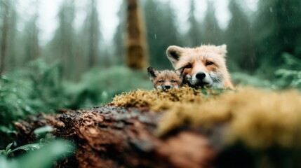 Fototapeta premium A charming fox and its cub peek out from behind a mossy log within a vibrant forest, showcasing the beauty of nature and the bond between mother and child in the wild.