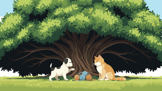 Small dog and cat playing together with colorful balls of yarn on the grass under the shade of a massive green tree in a peaceful garden setting.