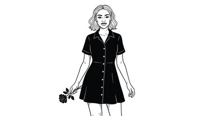 Fototapeta premium Monochromatic illustration of a young woman in a button-up dress holding a single dark rose