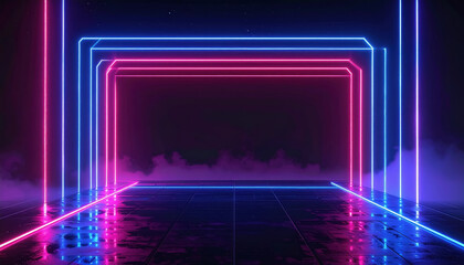 Futuristic Neon Frame with Blue and Pink Lights, Smoke, and Reflective Floor