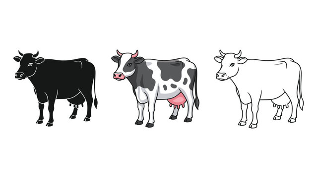 Set of three cow illustrations in black, Holstein pattern, and outline styles