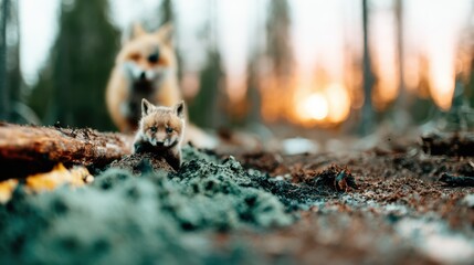 Fototapeta premium A playful young fox kit curiously exploring its forest habitat, showcasing the beauty of wildlife and the innocence of nature's young creatures in their environment.