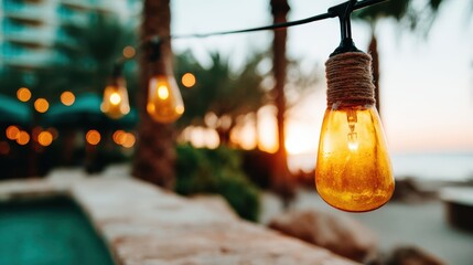 A serene evening setting featuring glowing amber lights strung across a backdrop of palm trees, capturing a moment of relaxation and sunset bliss by the water.