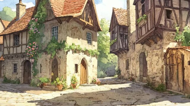 Charming ancient village street. Vibrant watercolor aquarelle style with soft flowing colors. Sun dapples rustic stone buildings, red tile roofs, green climbing vines, delicate pink flowers.