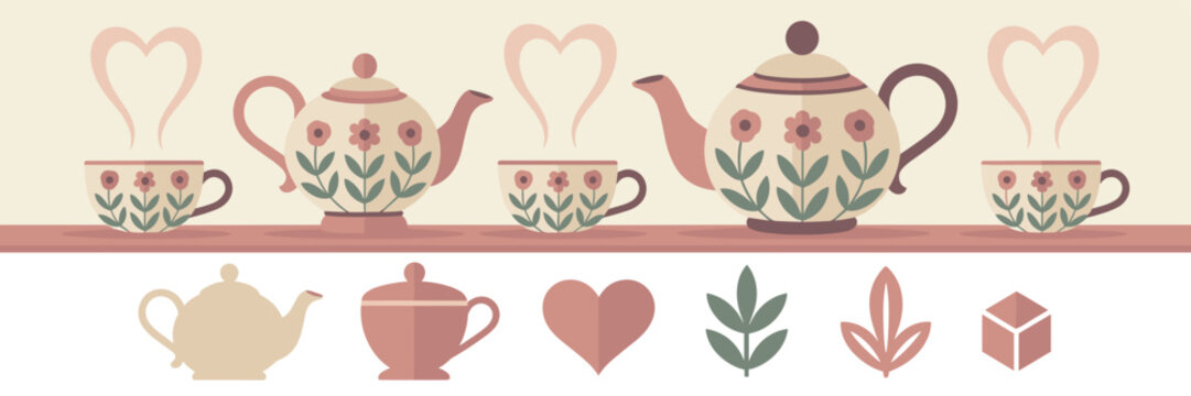 Romantic tea time flat vector illustration with teapot and cups