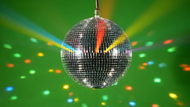 Disco ball rotating with colorful light beams projecting on a green chromakey wall, party atmosphere for celebration event