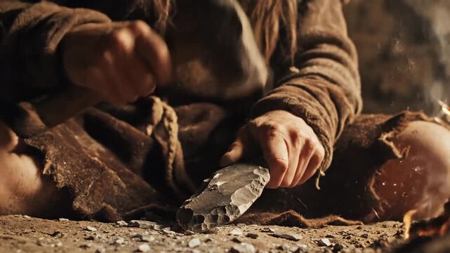 Caveman making flint tool. Close up of hands holding stone tool and hammer. Paleolithic epoch survival skill.